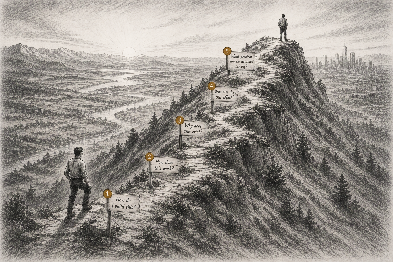 Pencil sketch of a person climbing a mountain path marked by progressively broader architecture questions